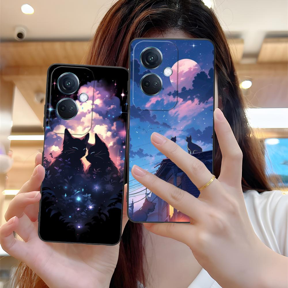 Luna Moon Cat Mobile Phone Case for OPPO Reno 14 13 12 11 10 9 8 7 6 5 F T Pro 5G Colorful Printing Cover Cover Pretty Luxury