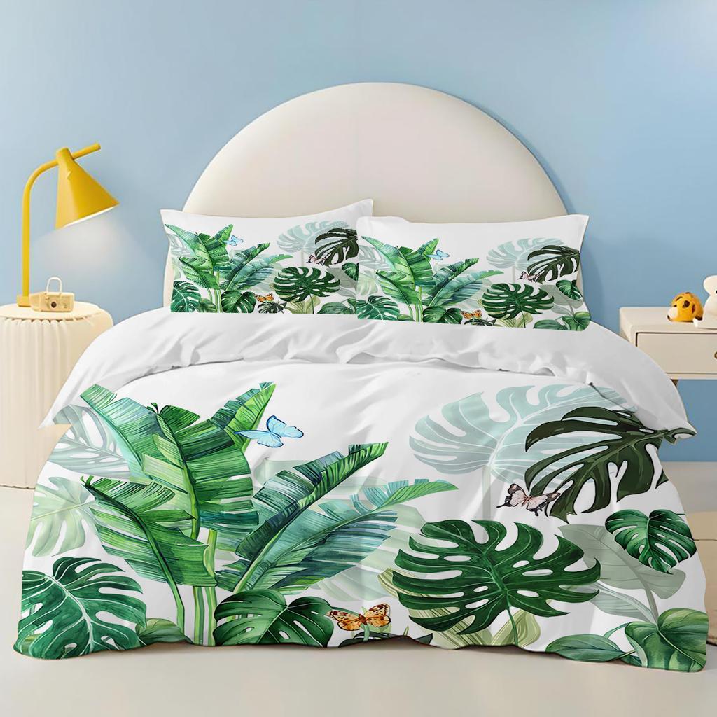 Comforter Green Plants Flamingos Anime Bedding Set Polyester Suitable For Children And Adults 3-Piece Set