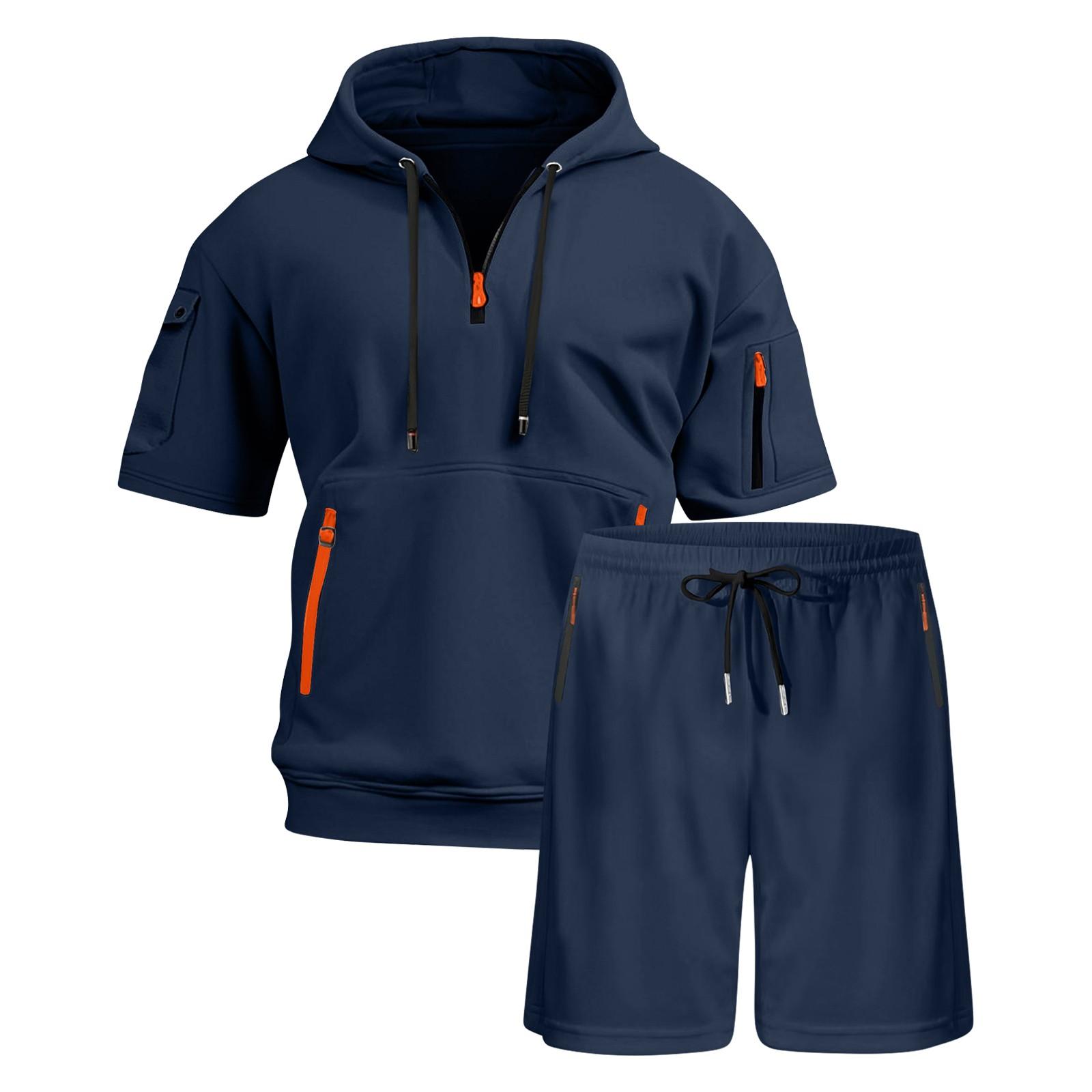 

Мужская летняя сетчатая футболка с короткими рукавами и капюшоном, спортивный костюм, мужские повседневные шорты, мужской костюм-двойка (Набор из двух частей) XXL тёмно-синий