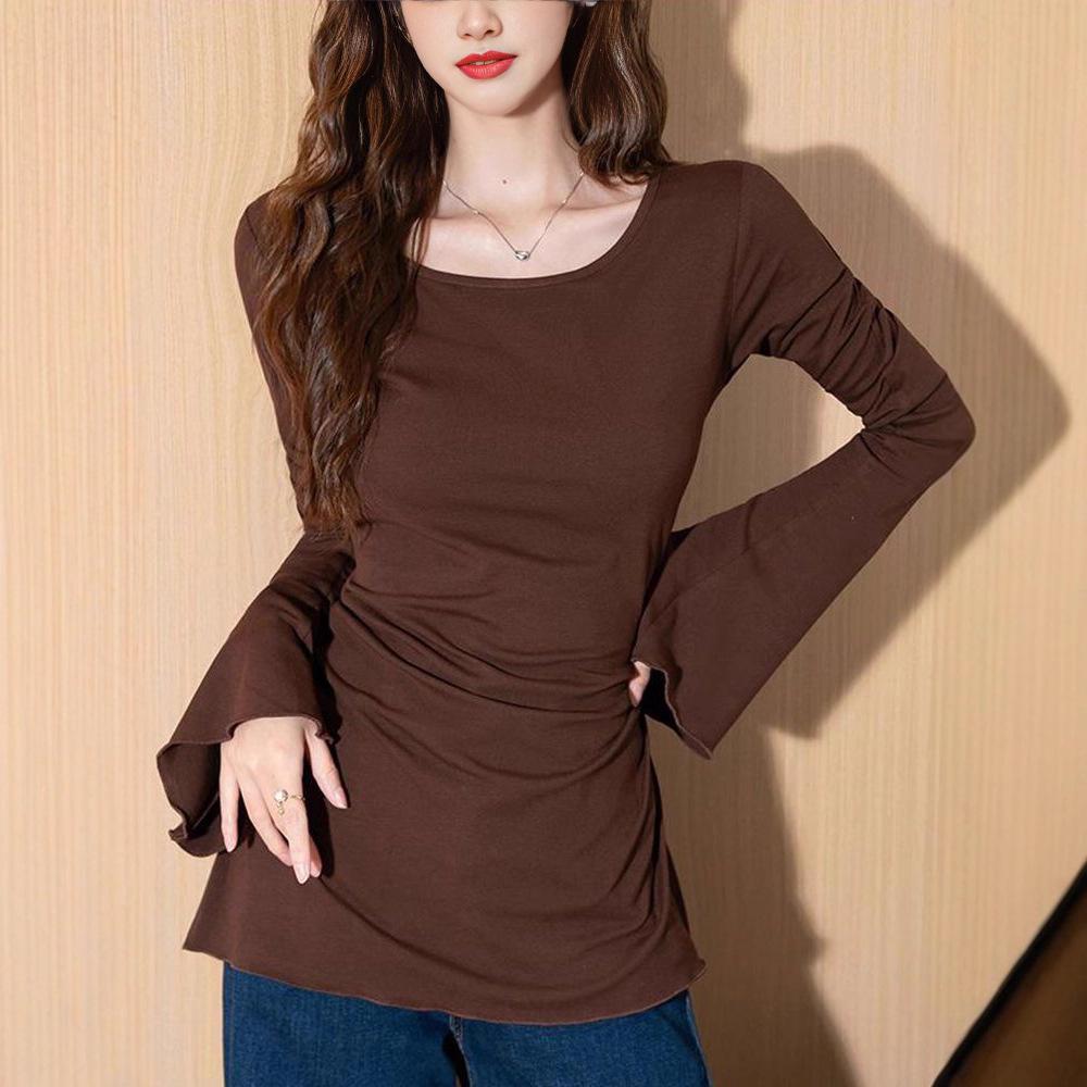 Spicy Girl Plus Size Waist-Cinched Bell Sleeve Women's Slimming U-Neck Long Sleeve Top for Spring, Autumn, Winter.