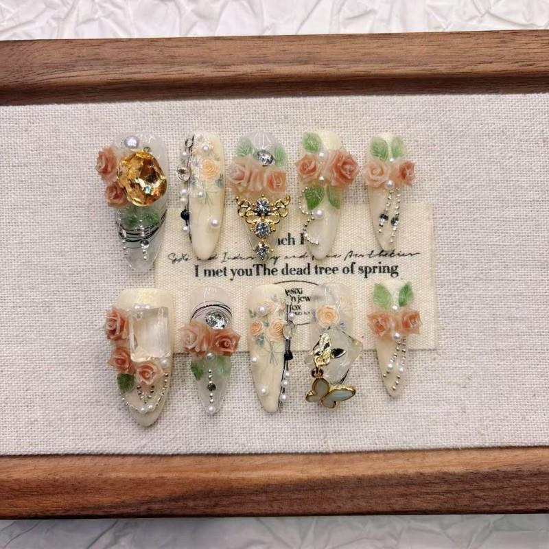 Handmade Press-On Nails 2026 New Chinese Style Mid-Length Acrylic Tips Women Girls Large