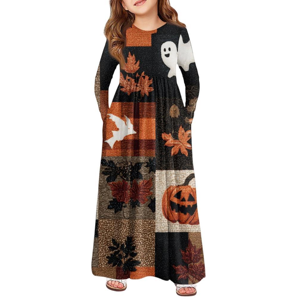 Mädchen Maxi Kleid Halloween Tag- Langarm Taschenkleid