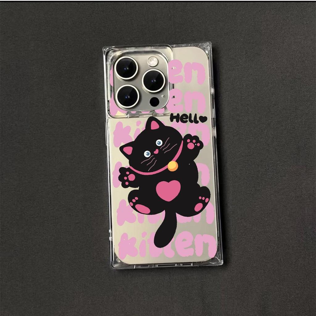 Transparente Quadratische Rückseite Röhrenhülle Schutz für iPhone 14 Pro Max 12 13 16 ProMax 11 15 Plus Anti-Sauerstoff, Muster 'Schwarze Katze Grüße'