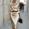 Women Satin Long Sleeve Dress Elegant Waist Design Cowl Neck Midi Dress with Belt for Summer Office Party