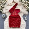 One Shoulder Mini Dress Women Shiny Sequin See-through Mesh Patchwork Slant Neck Sleeveless Cocktail Party Short Backless Sheath Slim Fit Club