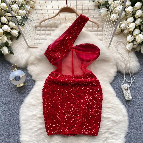 One Shoulder Mini Dress Women Shiny Sequin See-through Mesh Patchwork Slant Neck Sleeveless Cocktail Party Short Backless Sheath Slim Fit Club
