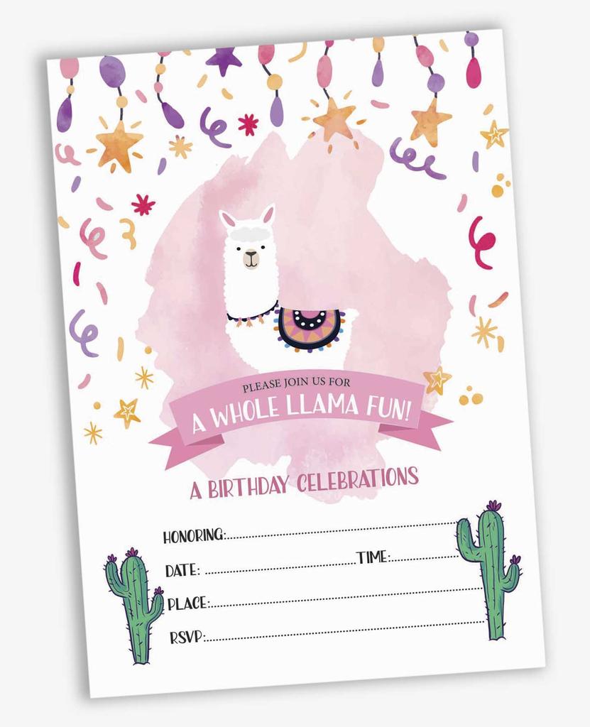 Inkdotpot Pack Of 30 Birthday Invitations, Boys or Girls Invite, Alpaca Cactus Sleepover Themed, Children or Toddlers Baby First or 1st Bday Supplies