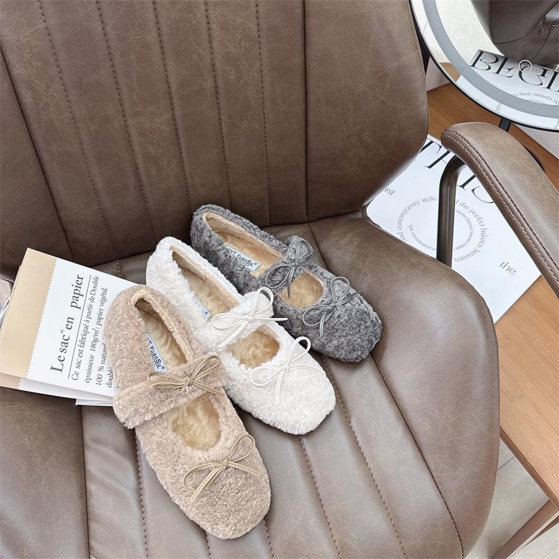 2025 New Round Head Bow with Velvet Soft-soled Ballet with Skirt Women's Single Shoes