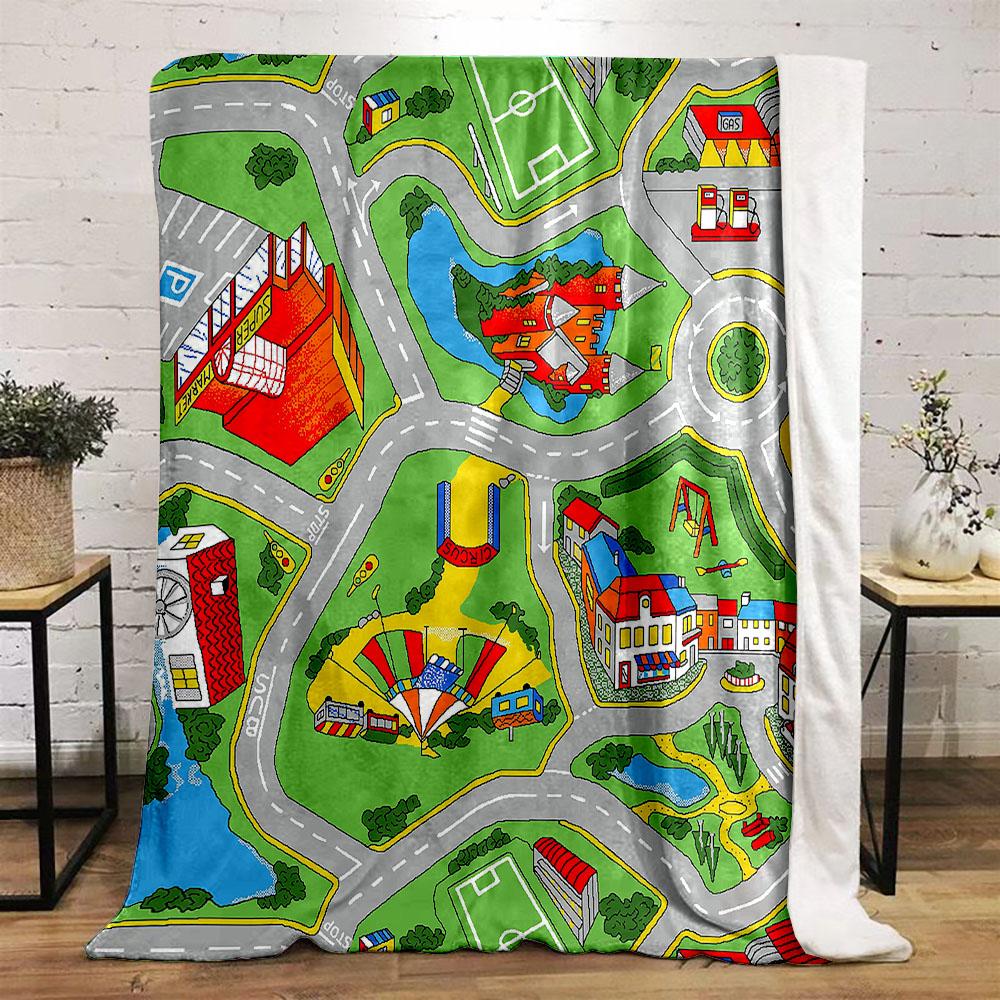 Colorful Cartoon Town Map Design Patterned flannel blanket perfect for the bedroom living room, sofa, or a little nap