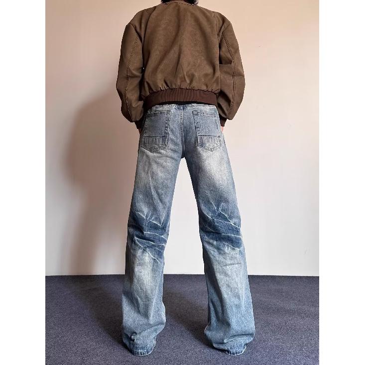 High Street Denim Pants For Men, Retro Distressed, Loose Straight Leg Pants, Wide Leg Sports Pants, Trendy
