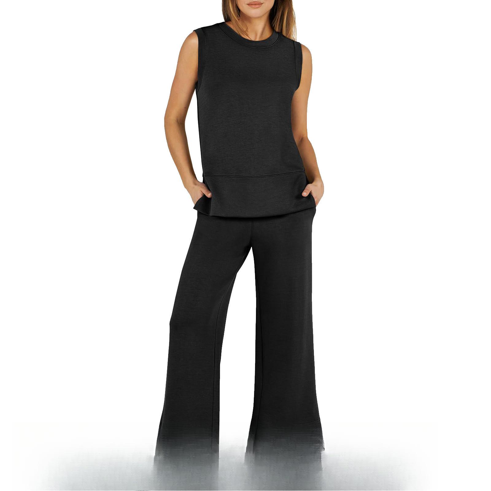 

Женский топ без рукавов с брюками широкого кроя, повседневный спортивный костюм, комплект из 6 цветов (Коричневый, Темно-синий, Черный, Карамельный, Оливковый, Светло-серый) XXL чёрный