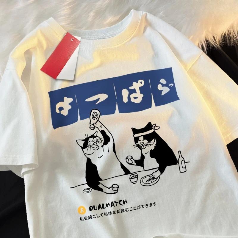 Harajuku Japanese Cat Drinking Top Women's Round Neck T-shirt Streetwear Summer Clothing Hip Hop Sports T-shirt Women's Clothing