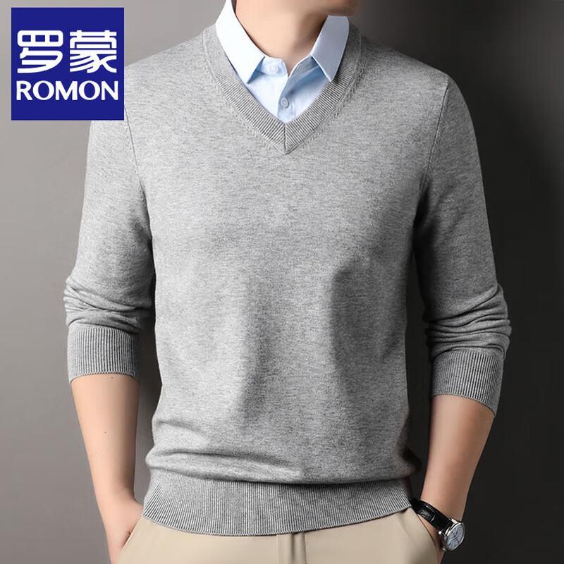 ROMON S Men's Faux Two-Piece Shirt Collar Knit Sweater