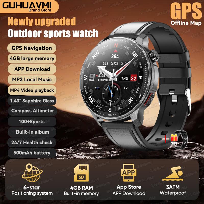 New Outdoor GPS Offline Map Sports Smart Watch Compass Altimeter 4GB Memory Video Music Playback Waterproof Smartwatch Men
