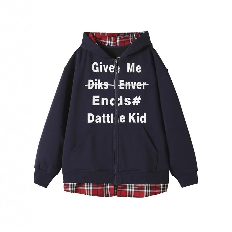 Extra large size 150kg fake two-piece splicing plaid hooded sweater men's and women's autumn couple's cardigan jacket top 2