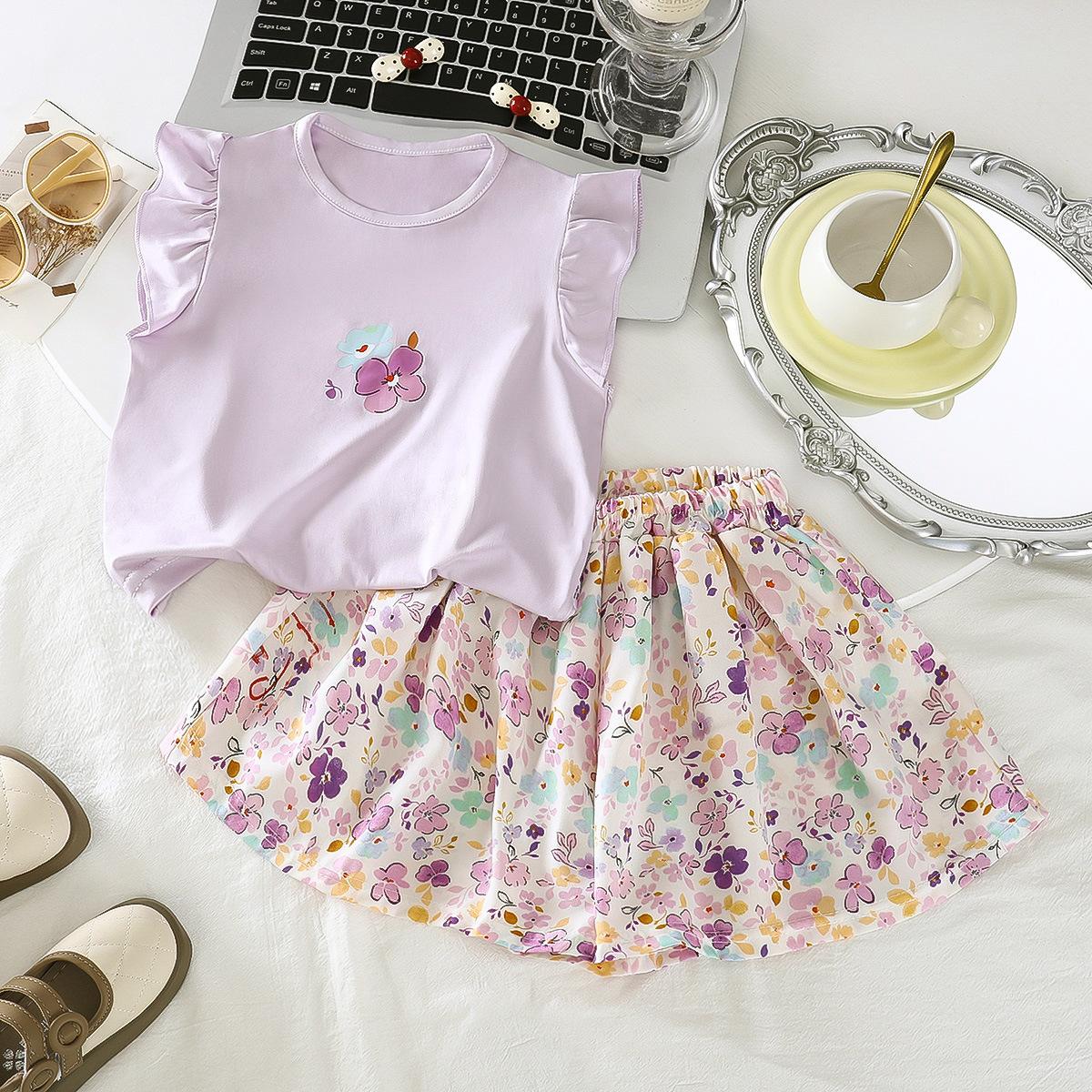 Girls Summer Flutter Sleeve T Shirt And Floral Skort Set Kids Casual Short Sleeve Two Piece Outfit 140cm