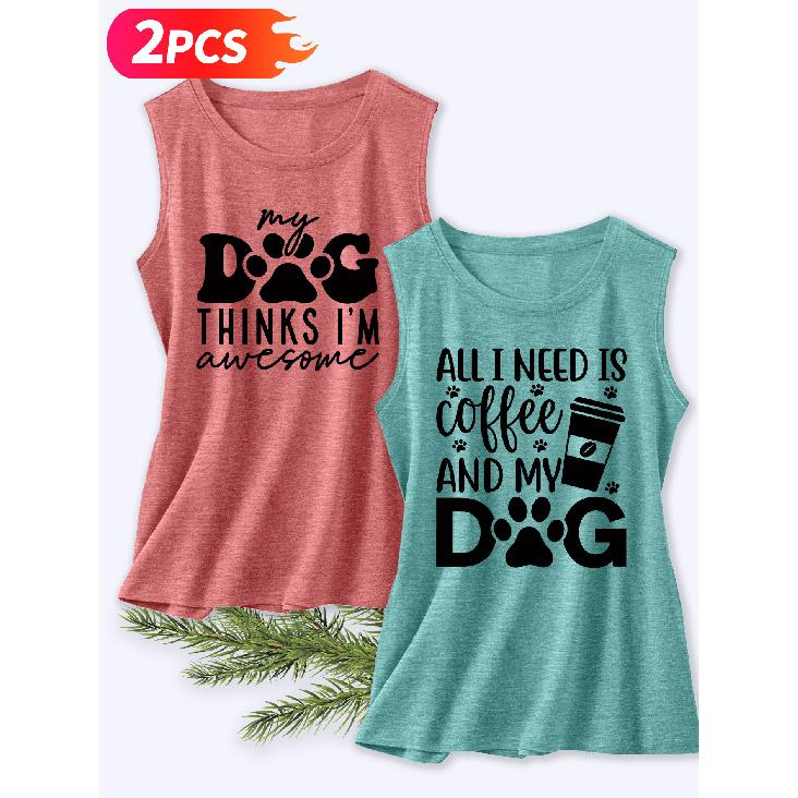 Follow a Specific Direction Two-piece Women's Sleeveless Vest with Vintage Print Summer Casual Wear Dog Coffee Fun Cute Essential Fashion Items for