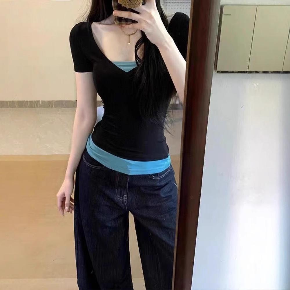 

Spicy Girl V-Neck Color Block Patchwork Crop Top - Short Sleeve Korean Slim Fit Small чорний