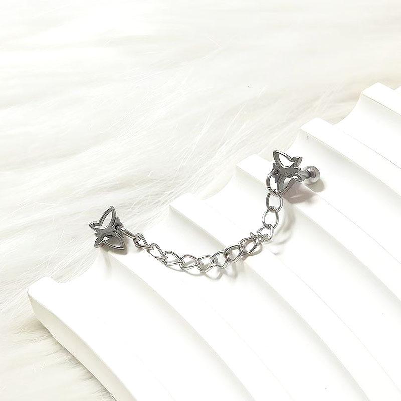 Women's Stainless Steel & Titanium Star Heart Butterfly Double Ear Chain Earrings