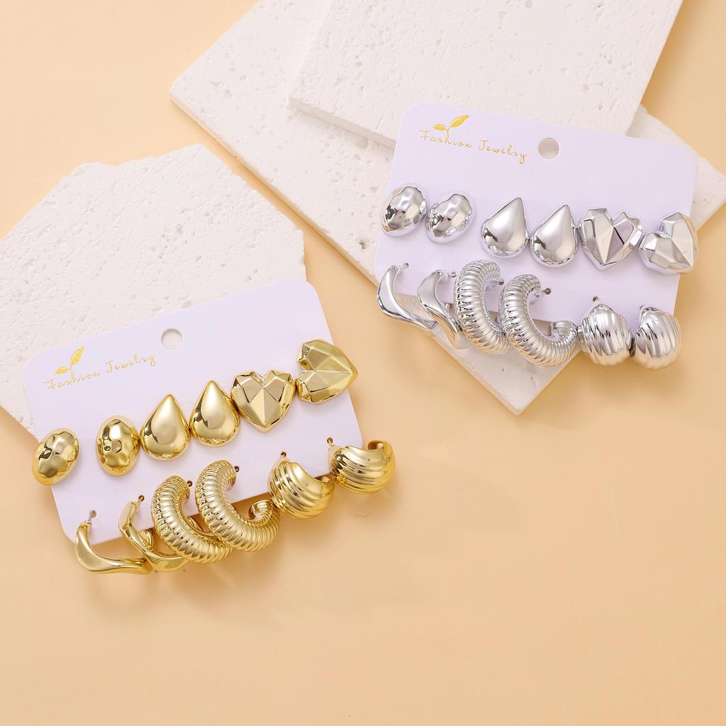 2026 style earrings, personalized earrings C-shaped irregular exaggerated alloy earrings 6-piece set, gold and silver card wholesale