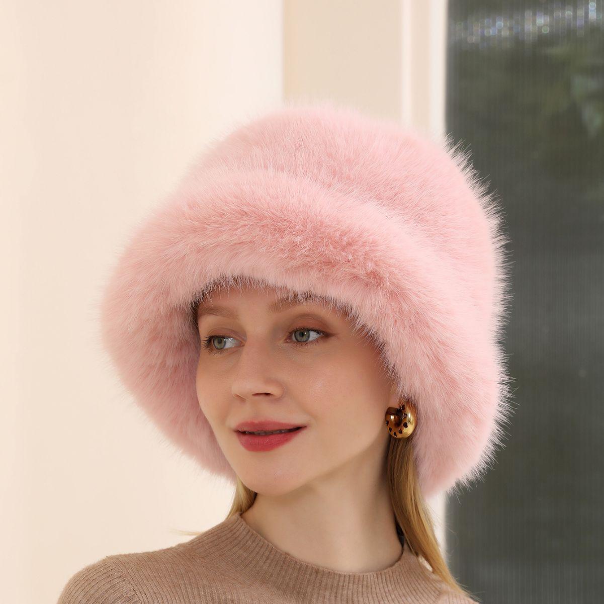 

Осень и зима Новая шапка-горшок с большими карнизами и мехом Теплая женская шапка Утолщенный искусственный мех Лиса Шапка рыбака 56-58cm розовый