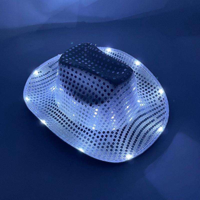 Four Color Led Light Up Western Cowboy Hat With Sequin Pattern For Party Cosplay Stage Performance