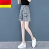 Summer Women's High Waist Wide Leg Ripped Shorts Straight-Cut Four-fifths Denim Pants