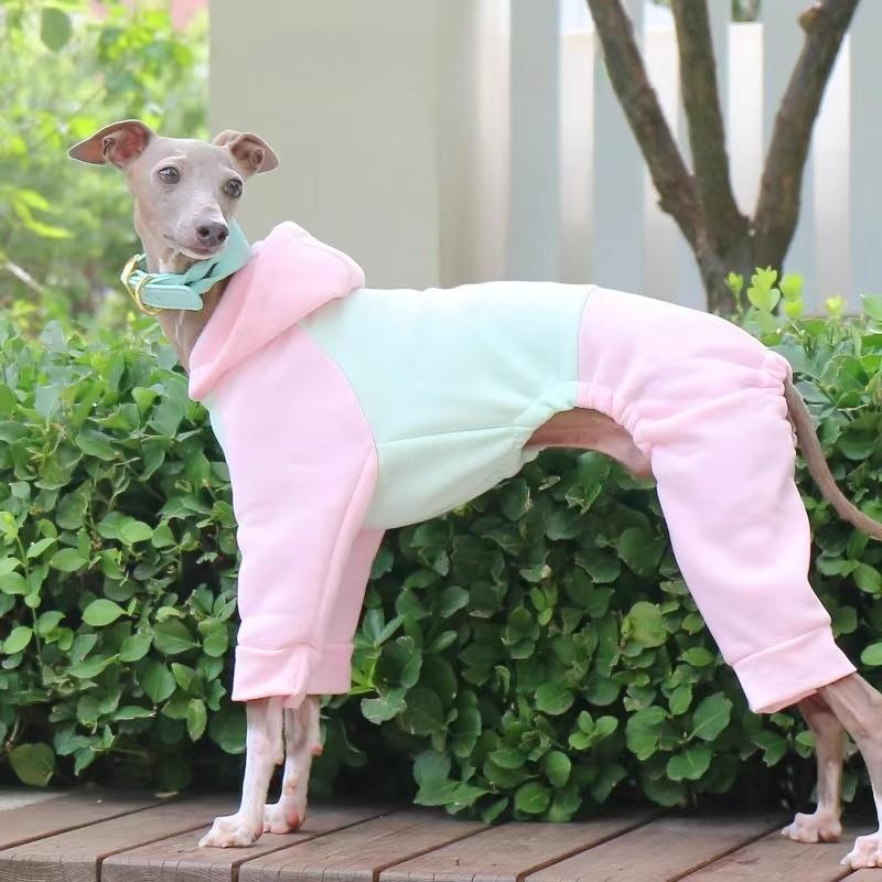 

Four-Feet Dog Pajamas Jumpsuit Plaid Hoodie,Colorblock Pet Clothes Greyhound Whippet Large Breed, Winter Warm Pullover Sweater S