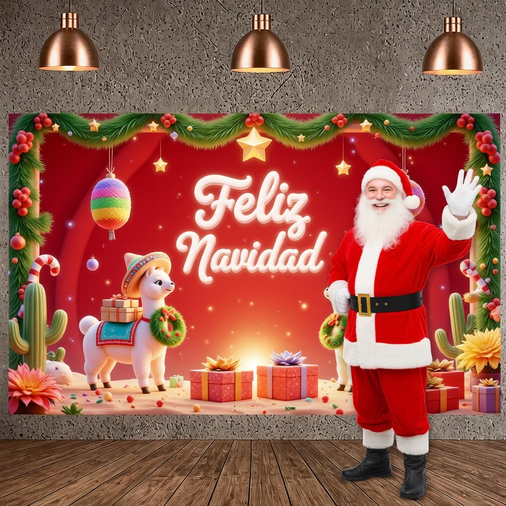 Christmas Banner Colorful Ornaments Navidad Backdrop Santa Claus Background Green Curtains Holiday Display For Christmas Holiday