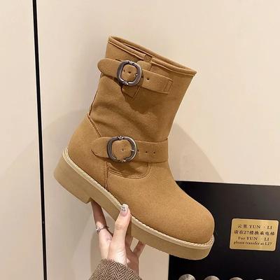 Fashion Women Platform Cowboy Western Boots Female Autumn Knight Boots Fashion Slip On Mid Heel Bota Ladies Retro Short Mordern Bootties