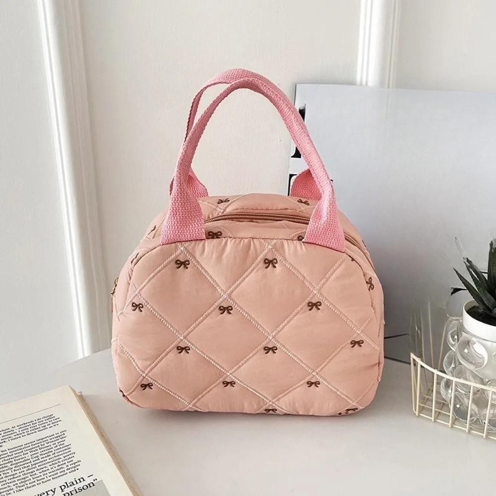 

Portable Cosmetics Storage Bag Handbag For Travel Large Capacity Bow Lunch Bag Tote Casual Women Makeup Bag Gift рожевий