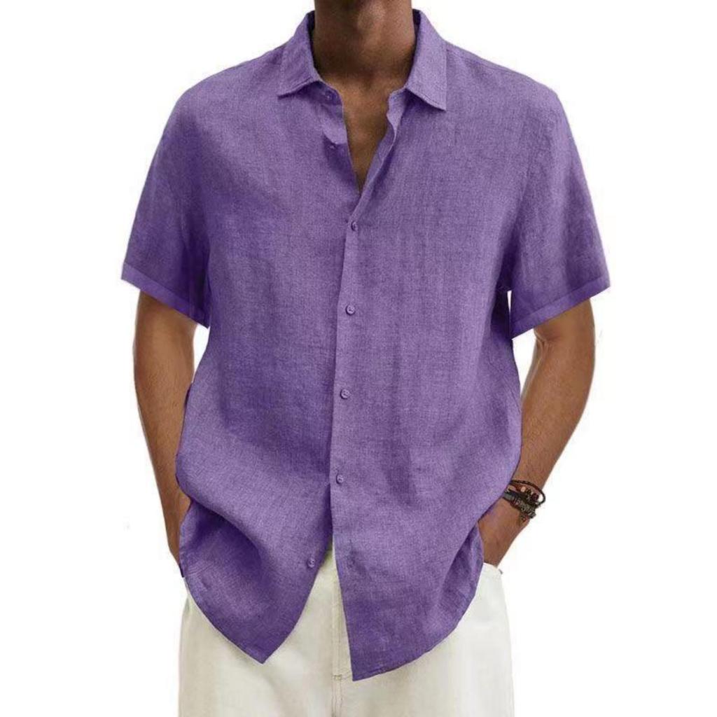 Men's Casual And Fashionable ,color Lapel Button Cardigan, Cotton And Linen Men's Short,sleeved Top