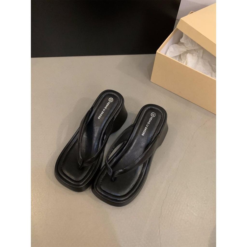 Muffin Thick-soled Sandals Pinch Feet Flip-flops Shoes Women's Shoes Fashion Outer Wear 2025 Summer Slope Heel Heightening Sandals