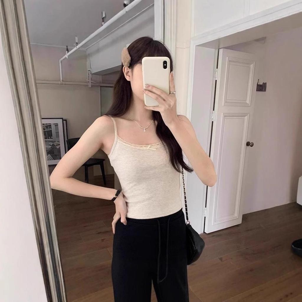 Camisola de Encaje de Verano para Mujer 2025 con Lazo y Empalme Elástico - Dulce Blanco Chaleco BM