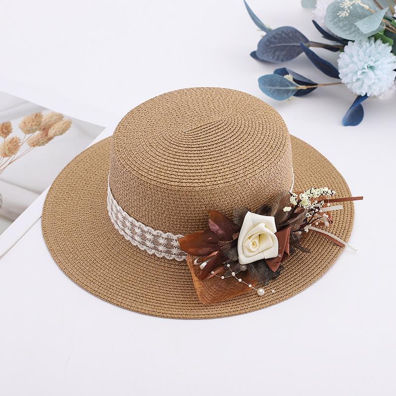 Flat top straw hat women's summer outdoor travel photo vacation beach hat Japanese hat flower shade hat