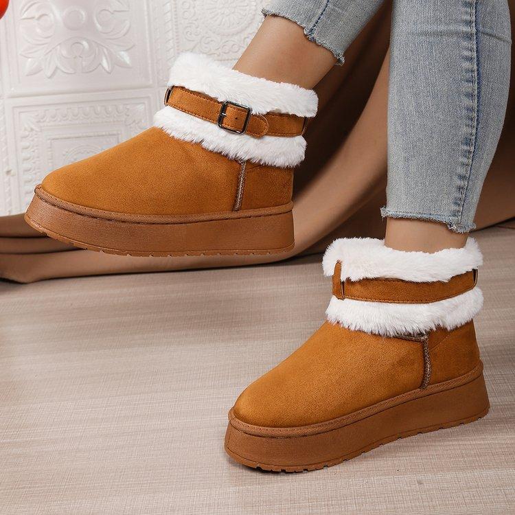 Fashion 2025 Winter Soft Faux Fur Snow Boots Woman Fashion Buckle Detor Platform Boots for Women Solid Color Casual Shoes Falts Female