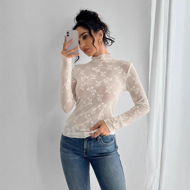 Spring Women's New Style Women's Butterfly Jacquard Mesh Slim Fit Small Stand Collar Long Sleeve T-Shirt Top