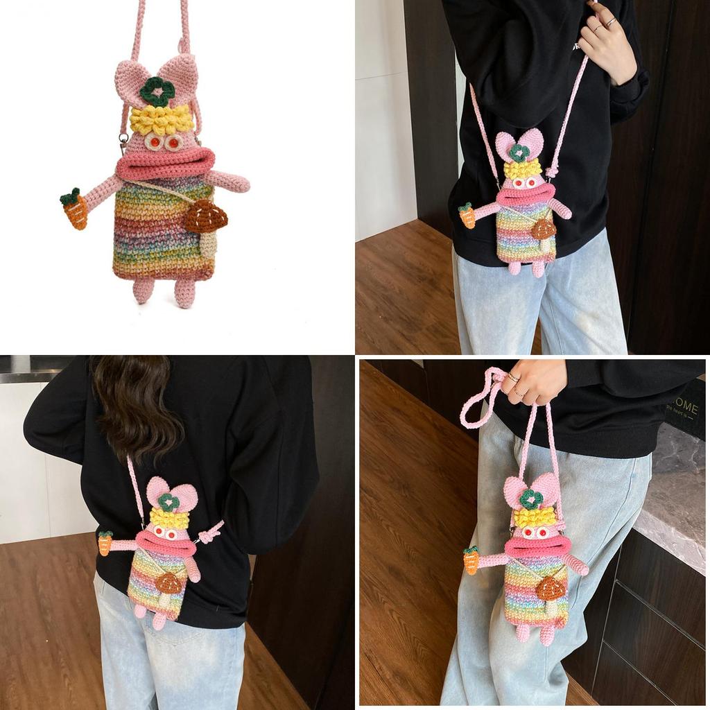 Ugly And Cute Rabbit Woven Crossbody Bag With Radish And Mushrooms For Daily Use