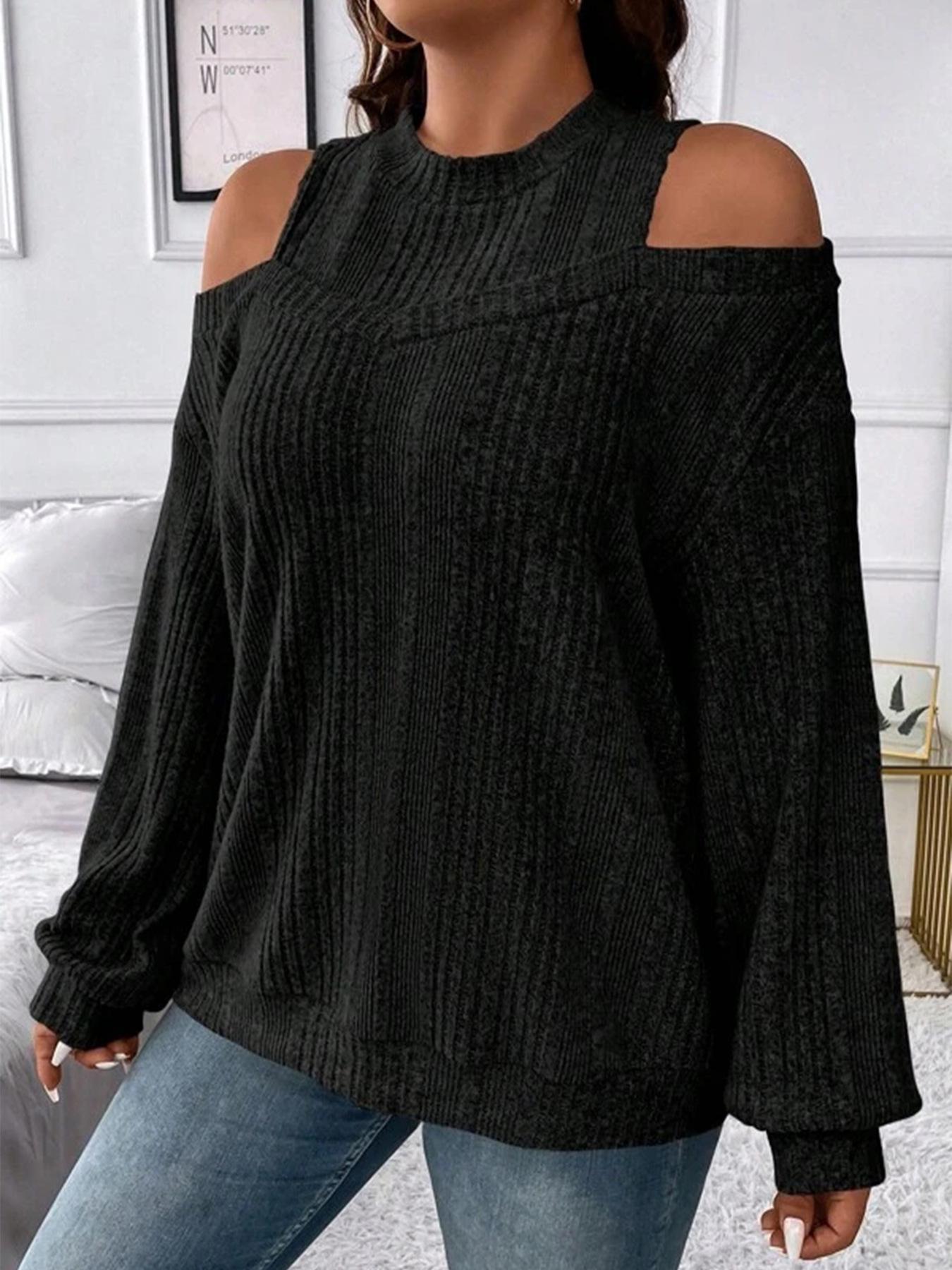 

2023 Cross-Border Autumn/Winter Women s Casual Solid Off-Shoulder Loose Long-Sleeve Knit Top 2XL чёрный