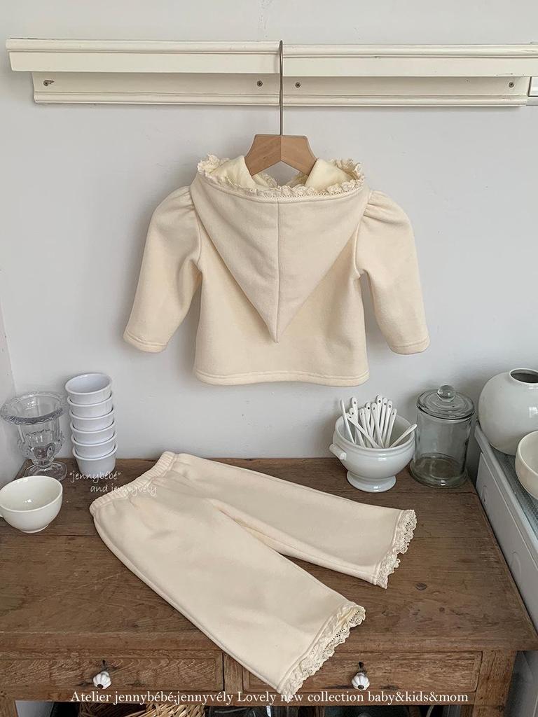 Korean Style Fleece-Lined Winter Set for Baby Girls - Cute Elf Hat Hoodie & Wide-Leg Pants