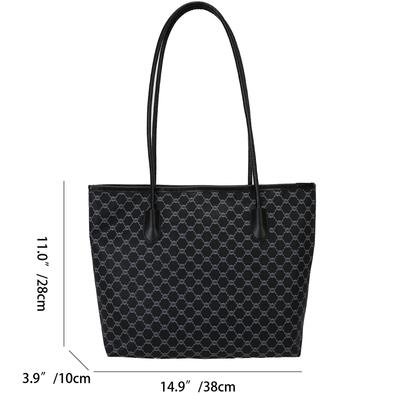 For Daily Commute Vintage Tote Bag for Women Geometric Print Solid Color Smooth Surface Large Capacity Zipper PU Water Resistant