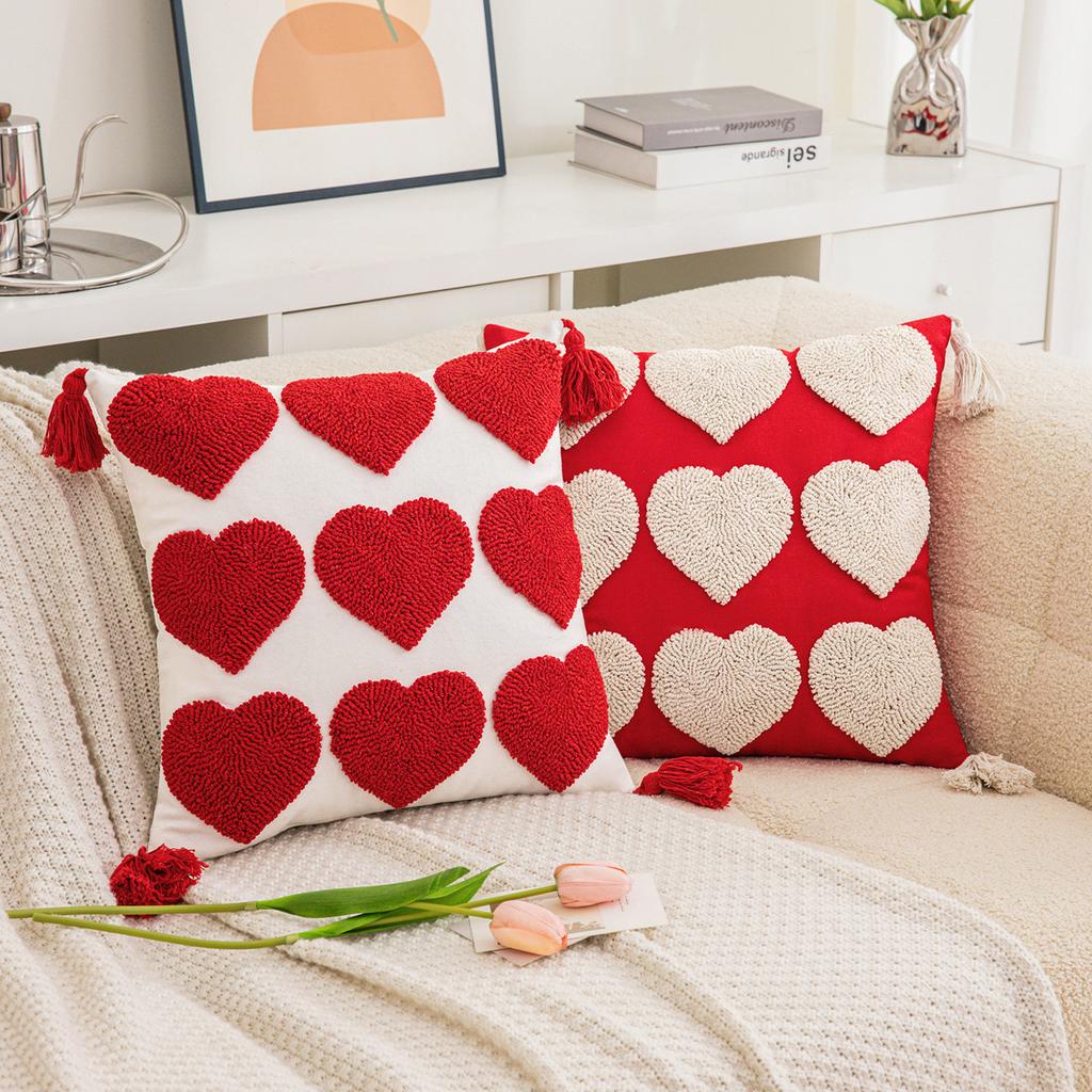 Valentine's Day Embroidered Heart-Shaped Pillow Cover Cojines Cute Tufted Tassel Throw Cushion Cover Headboard Pillowcases