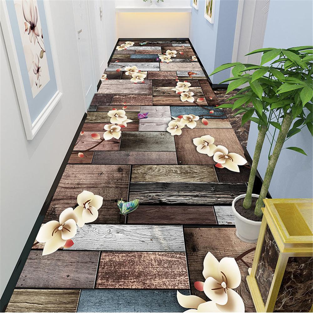 Wooden Floral Corridor Hallway Rug Pastoral 3D Carpet Living Room Area Rug Crystal Velvet Anti-slip Bedroom Mat Kitchen Floormat