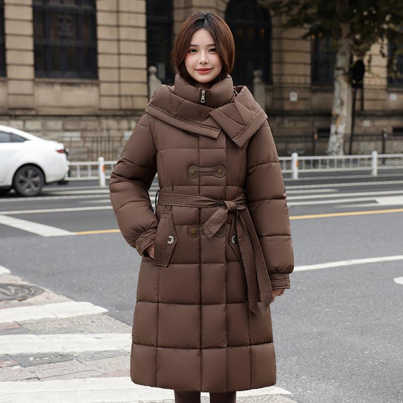 

Новый пуховик женский длинный до колена хлопковый жакет с зауженной талией зимний утолщенный жакет с капюшоном для женщин XXXL