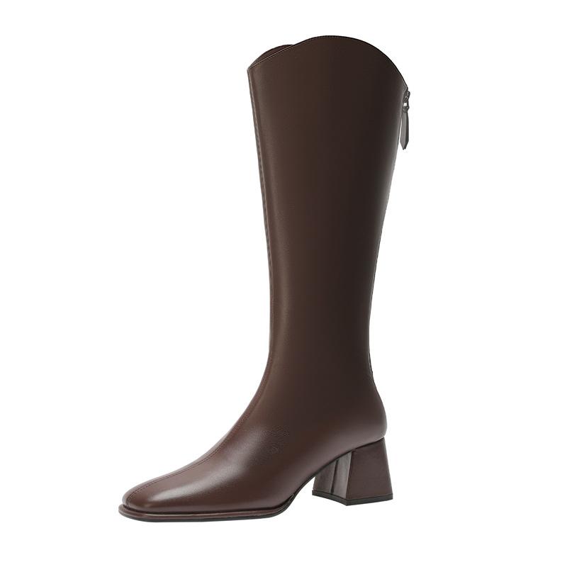 

F102 Ботинки с квадратным носком Jinhansha Женские новые ботинки на толстом каблуке Вестерн V-образный вырез Эластичные высокие ботинки-рыцари 39 коричневый