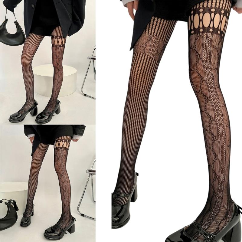 Women Aesthetic Sexy Hollowed Fishnet Lace Pantyhose Asymmetrical Spliced Striped Patterned See Through Tights Stockings