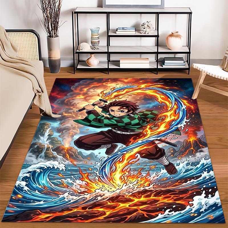 A non-slip rug featuring a flame-sword design in an anime character style, suitable for sofa areas in living rooms and bedrooms.