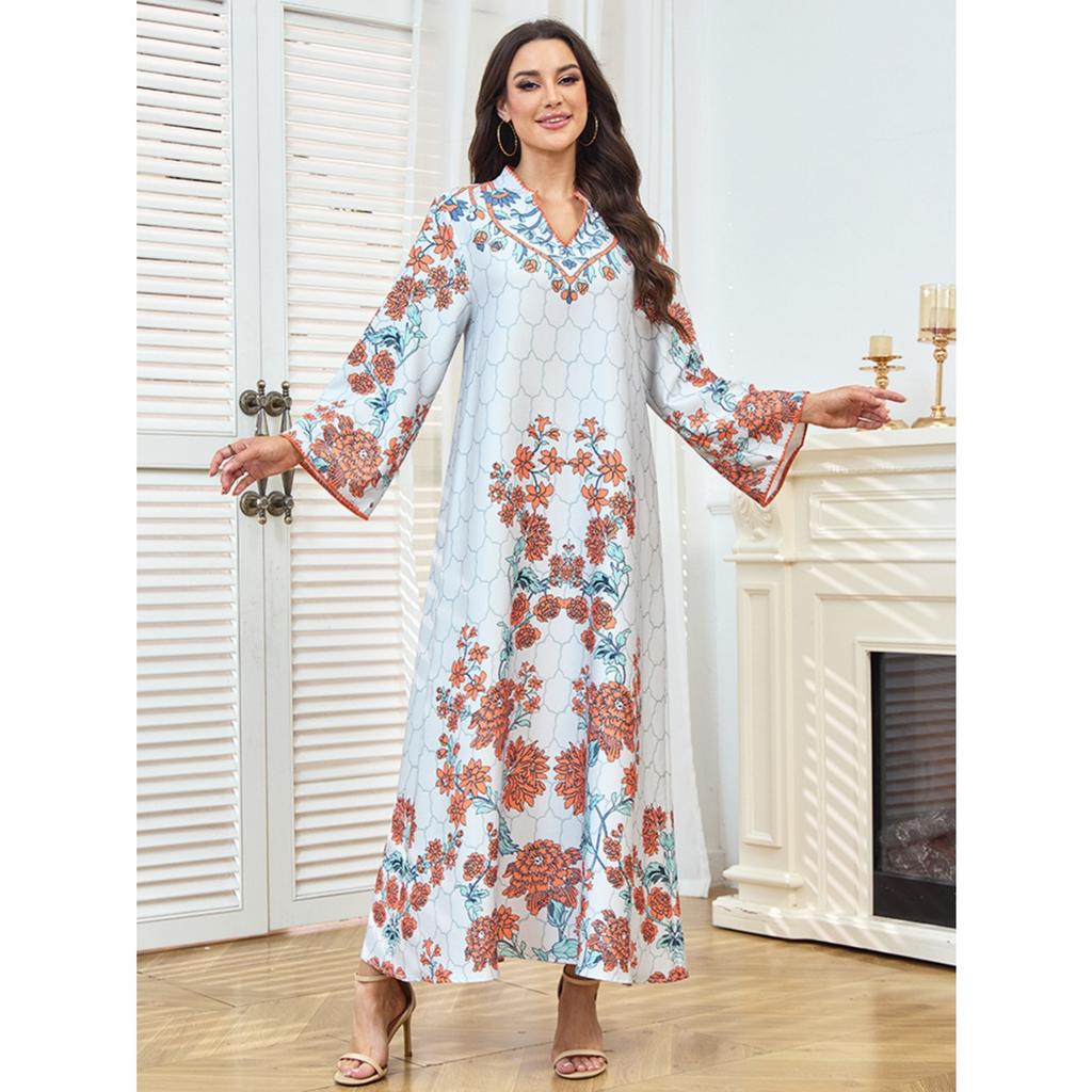 Casual Maxi Dress V-Neck Floral High-Def Print Loose Fit Multi-Size