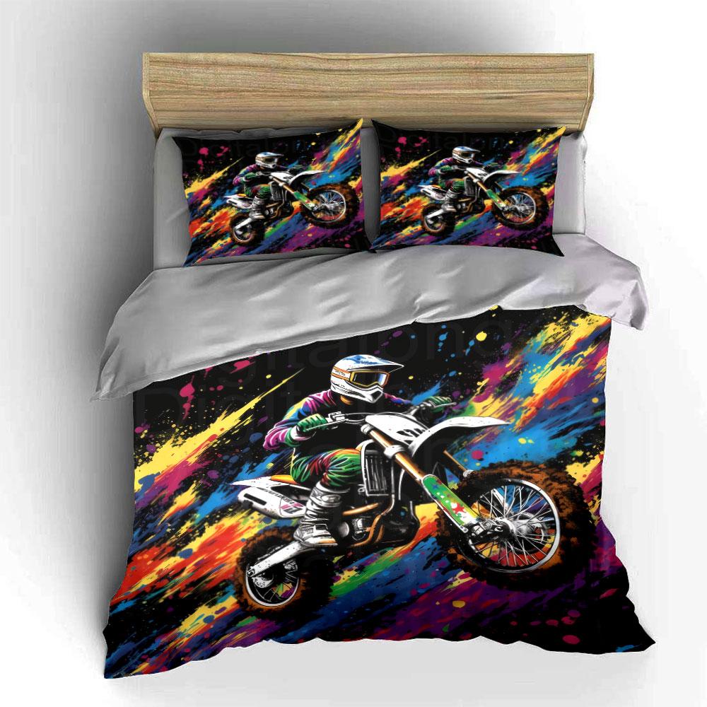 Colorful Motocross Art Prints Soft Skin-Friendly Bedding Set Includes 1 Duvet Cover And 2 Pillowcase Gift