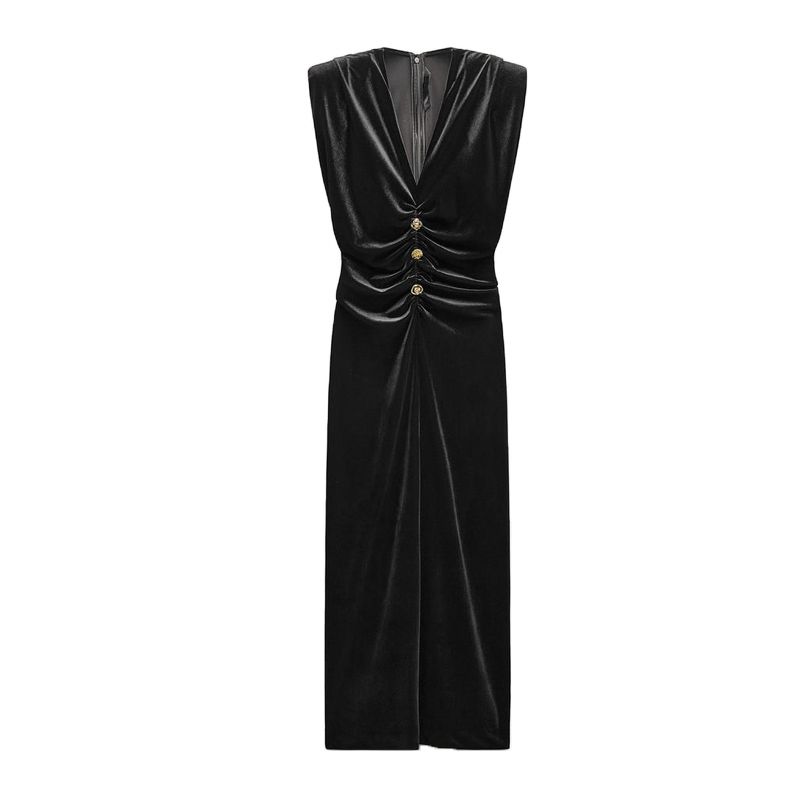 

Fall and Winter New Arrival New Year Evening Dress French Elegance Decorated Row Button Velvet V Neck Dress 9977185 Black L